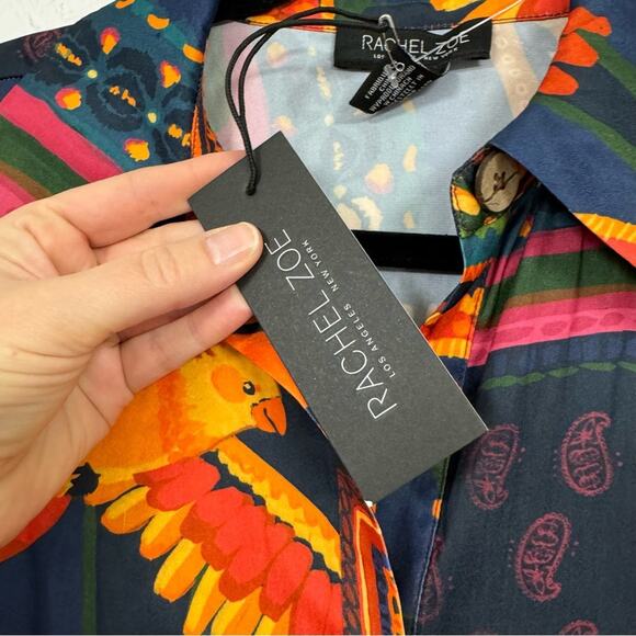Rachel Zoe Colorful Tropical Print Button Down Shirt Womens XS Bird Palm Tree - Picture 4 of 11